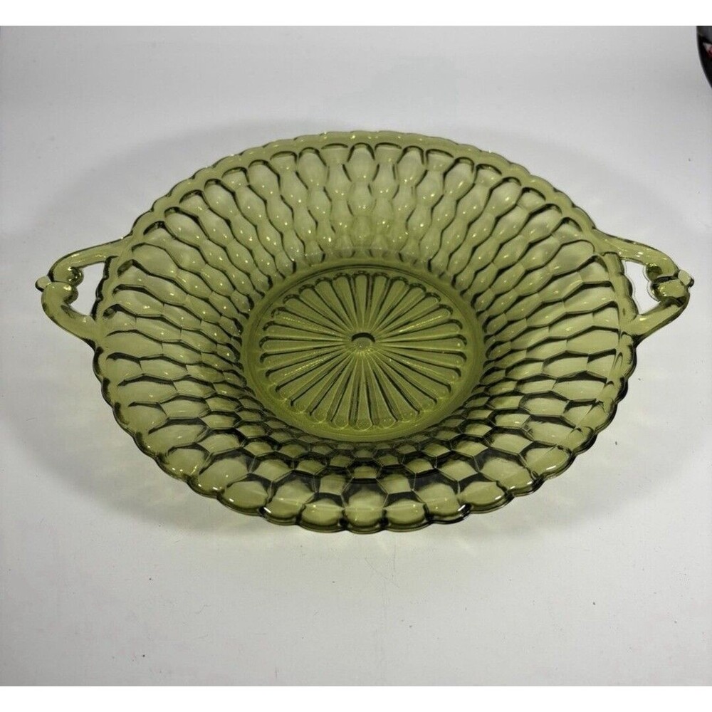 Vintage Green Glass Candy Bowl Dish with Double Handle Honeycomb Pattern